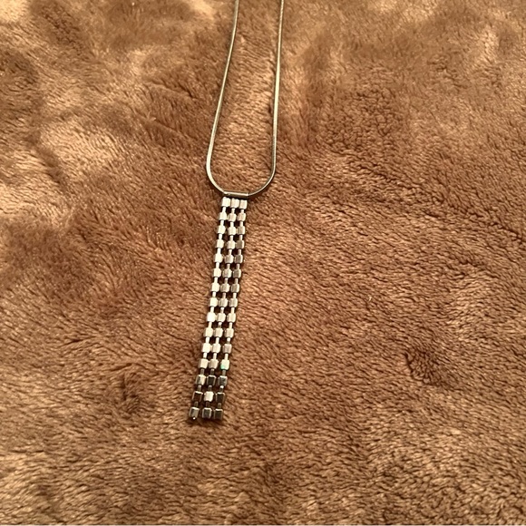 VINTAGE Silver Dangle Necklace with Baguette Fringe Crystal Rhinestone Pendant - Picture 6 of 7